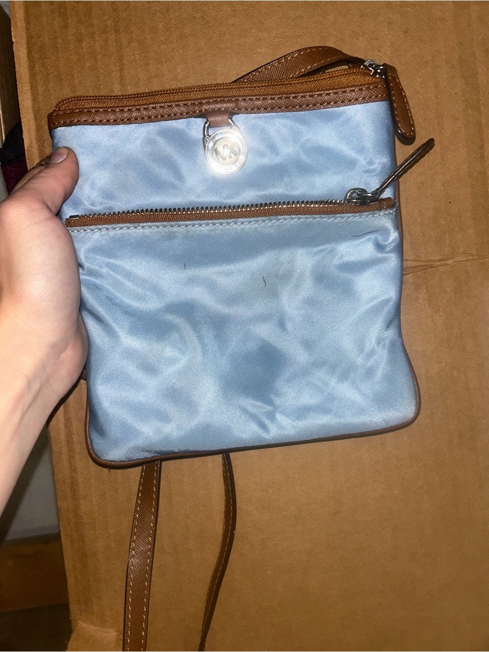 Michael Kors Light Blue Nylon Crossbody with Brown Trim